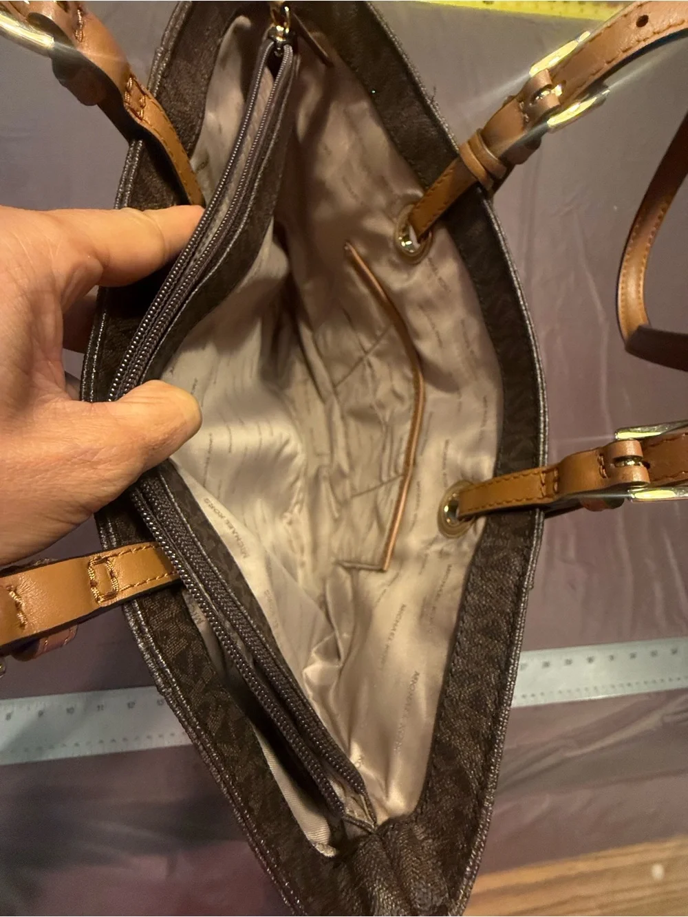Michael Kors Jet Set East West Dark Brown Logo Tote with Cognac Straps